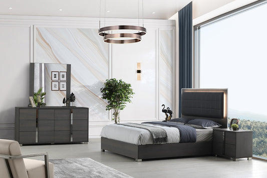 Gray modern bedroom set with LED headboard, dresser, and marble accent wall