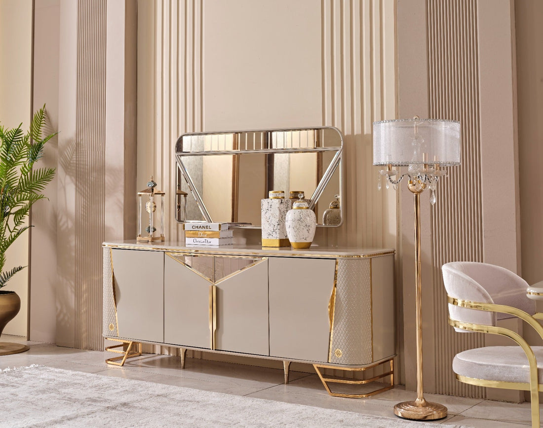 Cream and gold sideboard with mirrored panel, styled with décor accents