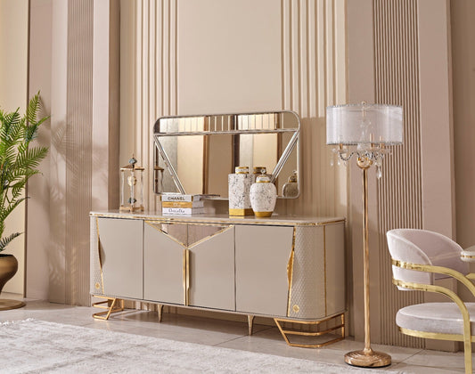Cream and gold sideboard with mirrored panel, styled with décor accents